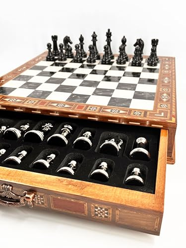 GrandGiftStore Handgjort schackset med låda och svarta silverschackpjäser, schackbräde i trä med förvaring, premium schackset/svart