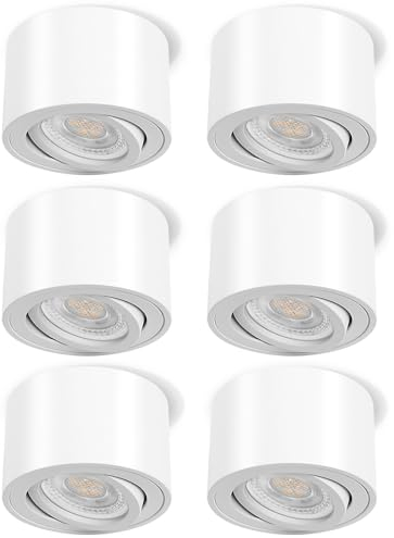 GeyouLux 6x Spots de Plafond Blanc - Extra plat & pivotant à 38° - Ø80x50mm - Spot en saillie Orientable - 5W 500LM 3000K - Module LED 230V Inclus - Aluminium LED Plafonnier Spot