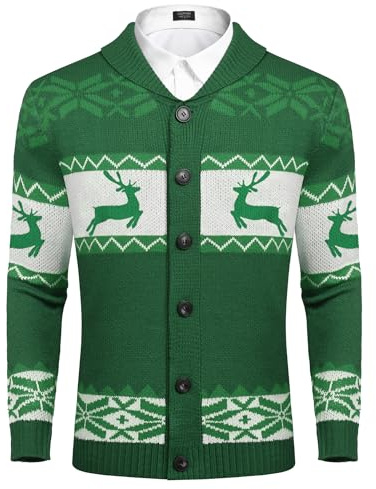 COOFANDY Men's Cardigan Christmas Sweater Knitted Sweater Reindeer Norwegian Ugly Sweater with Shawl Collar A-Green L