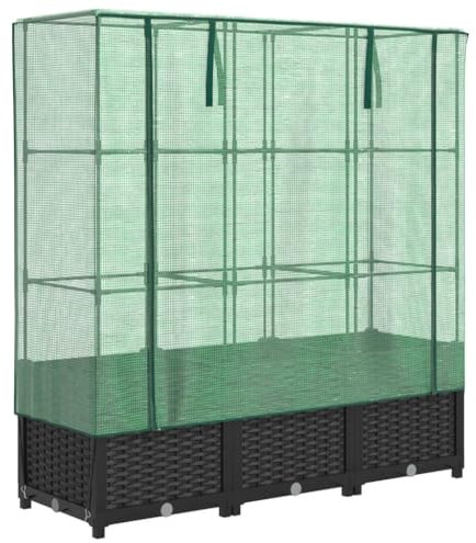 vidaXL Hochbeet mit Gewächshaus-Aufsatz, Pflanzbeet mit Eisenrohr-Rahmen, Gemüsebeet für Garten Terrasse Balkon, Pflanzkasten Frühbeet, Rattan-Optik
