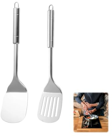 2 PCS Metal Spatula,Stainless Steel Spatulas Set,Spatula Metal,Sturdy Slotted Spatula,Kitchen Spatulas for Cooking,Silver Slotted Turner for Fish,Eggs,Pancakes,Dishwasher Safe,Easy to Clean