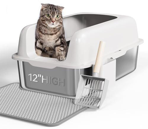 YITAHOME Edelstahl-Katzentoilette mit Deckel, XXL Extra Großes Katzenklo mit Schaufel – Rutschfester Boden, Auslaufsicher, Antihaft-Oberfläche, Leicht zu Reinigen, 60x40x30 für Katzen (Weiß)