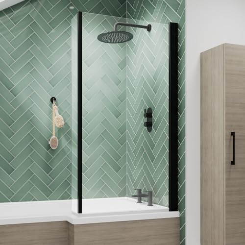 Luxura® 1430 x 795mm Black Over Bath Shower Screen with Fixed Return Panels & Screens for Baths Bathroom Frameless L-Shape 6mm Clear Safety Glass