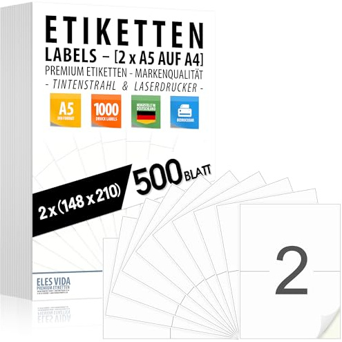 Selbstklebende DIN A5 VERSANDEIKETTEN - Aufkleber (2 pro DIN A4 Bogen) | 210 x 148 mm, bedruckbar, matt weiß, Für Inkjet- & Laserdruckern, Versandaufkleber MADE IN GERMANY - 500 Blatt (1000 Labels)
