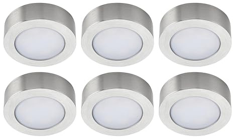 Bright Source LED Circular Cabinet Cupboard Unit Shelf Light, Satin Nickel, 2.5W, 220lm, 3CCT Switchable 3000K 4000K 6000K- Pack of 6
