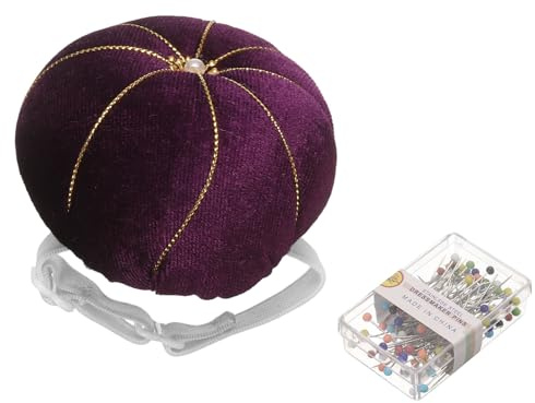 sourcing map Wrist Pin Cushion Wristband Sewing Pincushion Polyester Pin Holder Wearable Pumpkin Shaped Needles Wristband with 100 Head Needles for Sewing Quilting DIY Crafts, Purple