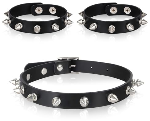 3 Pcs Leather Goth Spiked Choker, Studded Spiked Bracelets Punk Accessories Jewelry Set Leather Chokers Vintage Rock Punk Jewelry Gothic Accessories for 80s 90s Women Men Black Wristband