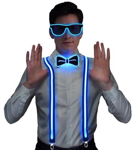 Charmofun 3 Stück LED-Leucht-Hosenträger, Leuchtende Herren-LED-Hosenträge, Licht Rave Outfit 3er Set, Verdrahtet Neon Rave Brille, Fliege für Musik Festival, Partybrille, Karneva (blau)