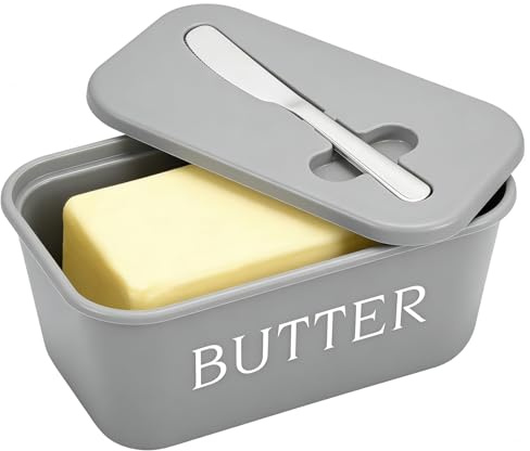 Eastrise Butter Dish with Lid and Knife for Kitchen Countertop,Large Food Grade PP Butter Holder, Includes Stainless Steel Spreader, BPA-Free Container Keeps Butter Soft & Spreadable (Grey)
