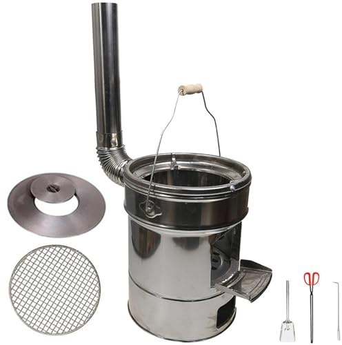 Estufa de Leña de Acero Inoxidable, Multifuncional Portátil Estufa Pellets Pequeña con Chimenea para Cocinar al Aire Libre, Hacer Barbacoas, Asar a la Parrilla, Destilar y Calentar