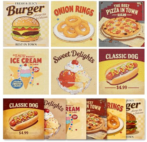 MOWOT 6 Pack Diamond Painting Kits for Adults, Retro Fast Food Vintage Signs DIY Diamond Art Kits, Full Drill Gem Paintings by Number, Kitchen Decor & Stress Relief Crafts for Desktop Ornament & Gift