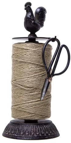 SOFFEE DESIGN Vintage Jute Twine Spool and Scissors Holder for Garden Farmhouse Kitchen Antique Twine and Scissors Set Black Rooster