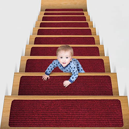 MBIGM 20cm X 76cm (Paquete de 15) Alfombras Antideslizantes Peldaños de Escalera Alfombrilla Antideslizante Interior para niños Mayores y Mascotas con Adhesivo Reutilizable,Rojo