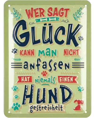 LANOLU Retro Blechschild Hund - Wer sagt Glück kann man nicht anfassen - Deko Hund Geschenke für Hundeliebhaber - Metallschild mit lustigem Spruch - Dekoration für Garten und Küche 15x20cm