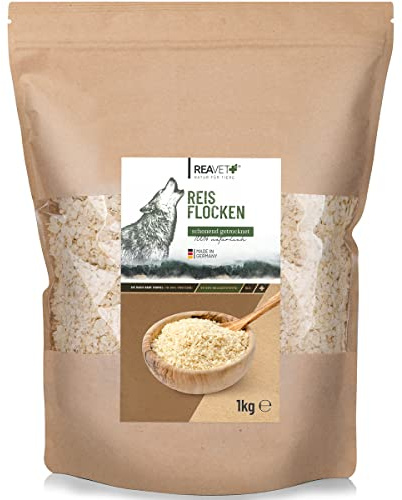 ReaVET Fiocchi di riso cane 1 kg, fiocchi di riso cani, fiocchi di verdure cani senza glutine, fiocchi di verdure cane barf, cane additivo barf