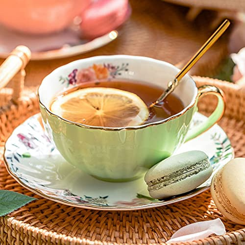 Tea Cup and Saucer,8 oz Porcelain Coffee Cup Royal Ceramic Floral Lined Teacup with Gold Trim and Spoon,Vintage Cup for Latte,Cappuccino,Porcelain Tea Sets Gift for Birthday Teaparty(Light Green)