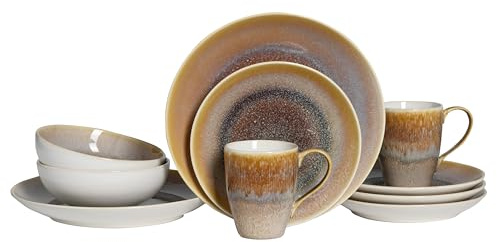 CreaTable, 25864, Serie Caldera Sand, 8-teiliges Geschirrset für 2 Personen, Kombiservice aus Steinzeug, spülmaschinen- und mikrowellengeeignet, Qualitätsproduktion