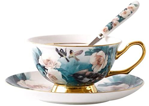 Eplze Bone China Cup& Saucer Set, 6.8oz- Birds& Trees (Turquoise)