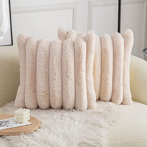 Neelvin Set of 2 Beige Faux Fur Cozy Soft Striped Decorative Throw Pillow Covers 18x18 inch,45cm x45cm Velvet Pillowcase Cushion Covers for Sofa Couch
