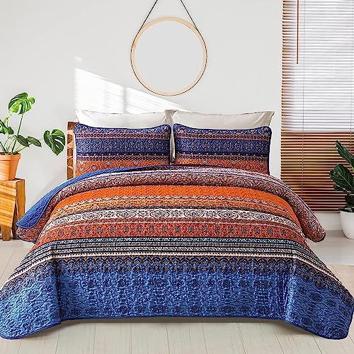 Bohemian Bedspread 220 x 240 cm, 3 Pcs Boho Striped Quilted Bedspread, Soft Comforter Microfiber Coverlet Bedding Sets with Pollowcases (Double, Orange, Blue)
