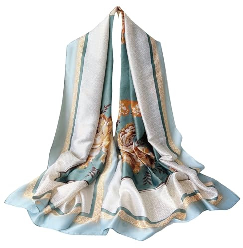 WEIGEER Paño de Cuello de Seda para Mujer - Chal de Hojas de Seda delgada para la Playa, Vintage, Bridal, Chiffon, Muslim, Colorido (Blanco Y Azul)
