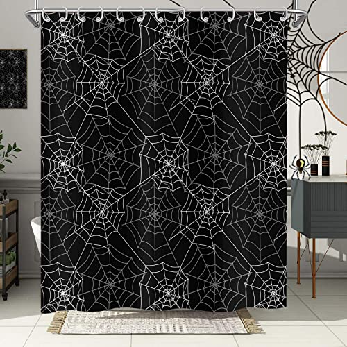 Hnmdmyi Duschvorhang Halloween 180x180, Schwarz Weiß und Grau Horror Gruselig Spinnennetz Badewanne Vorhang Lustig Einfach Urlaub Wasserdicht Polyester Stoff Waschbar Badevorhang mit Haken