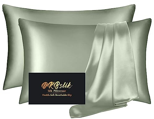 Set di 2 federe standard in seta di gelso, morbide, anti-acne, per un sonno meraviglioso, entrambi i lati, in raso di seta naturale, da donna, confezione da 2 pezzi, con cerniera, colore: verde salvia