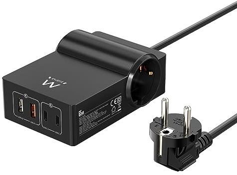 Estación de carga USB GaN 65W.Rápido 4 Puertos (2 USB-A+2 USB-C)PD3.0 PPS.Regleta 2x Schuko 45° cable 1,5mt Enchufe Schuko 16A.Para MacBook Pro/Air,portátil USB-C,iPhone 14/13/12,Samsung Galaxy,Xiaomi