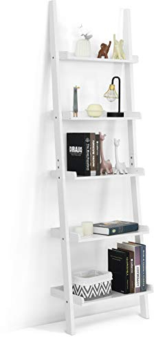 HOMASIS Leiterregal mit 5 Ebenen, Bücherregal mit Absturzsicherungen, Anstellregal aus Holz, Pflanzregal Aufbewahrungsregal für Wohnzimmer, Arbeitszimmer, Büro, 58 x 32,5 x 189 cm(L x B x H), Weiß