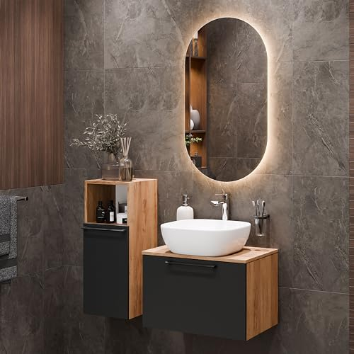 Planetmöbel Astra Ensemble Salle de Bain avec lavabo 60 cm, 1 Colonne, chêne doré Anthracite, Vasque 42 cm Blanche