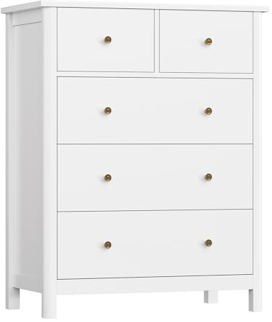 HOUSUIT White Dresser with 5 Drawers, Tall Chest of Drawers, 5 Drawer Dresser with Deep Space, Wood Storage Cabinet for Living Room, Hallway, Office, White