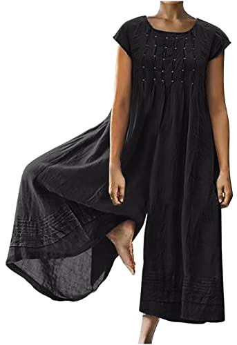 EMATOP Playsuit Damen Baumwolle Leinen Jumpsuit Kurzarm Rundhals Overall Lang Sommer Hosenanzug Elegant Einfarbig Latzhose Casual Lose Breites Hosenbein Arbeitshose mit Taschen Onesie Frauen