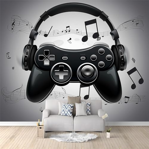 Mural Wallpaper for Living Room Black Gaming Headset 400 x 280cm Art Photo Wallpaper Non-Woven Wall Mural Wallpaper Poster, Modern Bedroom Kids Room TV Background Decor