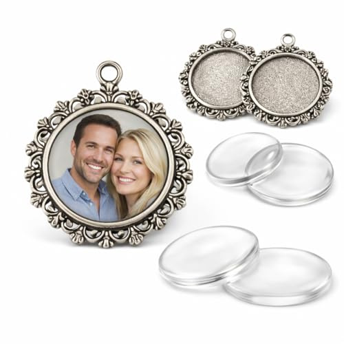 Perlin Cabochon Fassung Set 20 mm 5 Stück Anhänger Rohlinge mit Glas Cabochon Medaillon Schmuck selber machen Foto Anhänger DIY Bastelset Metall Silber