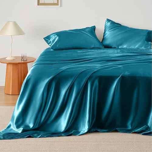 Luxury 100% Silk Satin 4-Piece Bedding Set - Deep Pocket 15 Fitted Sheet, Duvet Cover, and Pillowcases | Ultra-Soft, Wrinkle-Free Silk Sheets for Ultimate Comfort .(Teal,Super Queen)