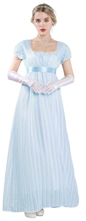 Fiamll Robe Régence pour Femme Maxi avec Bande Taille Empire Robe Froncée Robe Victorienne pour Fêtes Robe de Bal et Gala, bleu, L