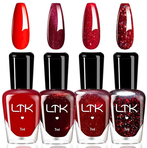 4PCS Rot Nagellack Set - Schnell trocknend & Langanhaltend Red Shimmer Nagellack - ungiftiger Farblack auf Wasserbasis - kein UV-Lampe für DIY Nagelkunst Maniküre zu Haus, Farbe Nail Polish (Rot)