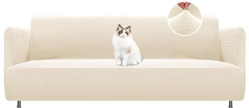 BellaHills High Stretch Sofabezug 3 Sitzer (185-215cm) Jacquard Elastische Sofahusse für Wohnzimmer Protector, Natur