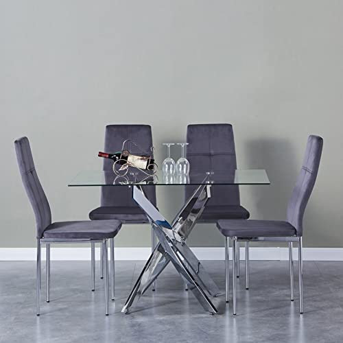 Moderno tavolo da pranzo in vetro con 4 sedie in velluto rettangolare tavolo da cucina grigio mobili per sala da pranzo 120 cm