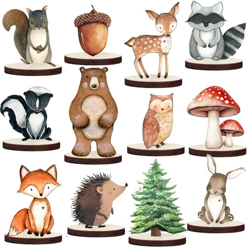 12 Pcs Painted Woodland Animals Wood Table Centerpieces Cutout Shapes Woodland Baby Shower Decorations Wild Creatures Wood Table Topper for Forest Camp Party Supplies