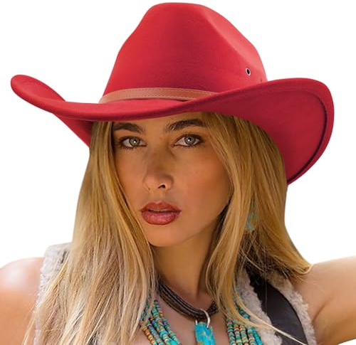 DRESHOW Cowboyhut für Damen & Herren Viehzüchter Western Fedora Filzhut Cowgirlhut mit Breite Krempe und Schnallengürtel Unisex Aufrollbare Krempe Hut