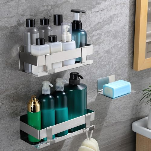 YIGII Estanteria Ducha Sin Taladro, 2 Piezas Estante Baño Adhesivo con 1 Jabonera y 4 Ganchos, Organizador Ducha de Acero Inoxidable para Baño y Cocina, Plateado