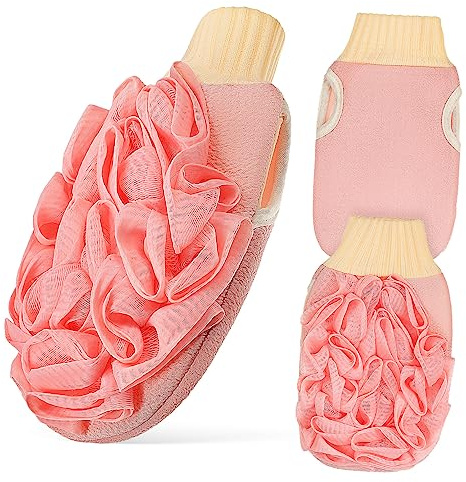 Veemoon 3Pcs Double-Sided Exfoliating Mitts Pink Body Scrubber for Deep Dead Skin Removal for Shower and Bath Use