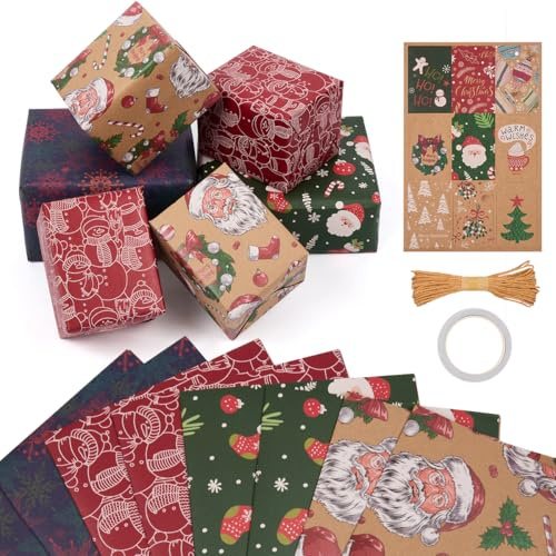 8 feuilles de papier cadeau de Noël, 70 x 50 cm, papier kraft recyclable, avec 9 étiquettes et ficelle pour emballer vos cadeaux de Noël