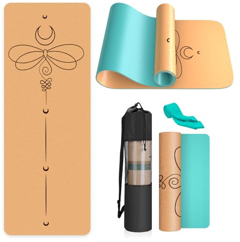 Haninj® Yogamatte Kork – Rutschfeste Yoga Matte, Einzigartiges Design, Naturkautschuk TPE Gymnastikmatte, Trainingsmatte mit Tragetasche & Gurt, für Zuhause, Pilates, Aerobic Fitnessstudio und Workout