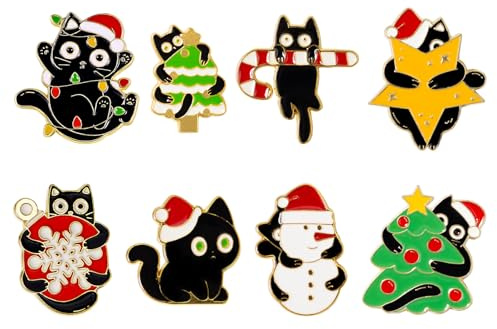Sxutop 8 Stück Christmas Brosche Set Weihnachten Brosche Emaille Anstecknadel Metall Abzeichen Pins Niedlich Katze Emaille Pins Dekorationen für DIY Kleidung Pullover Hemdjacke Rucksack Hut