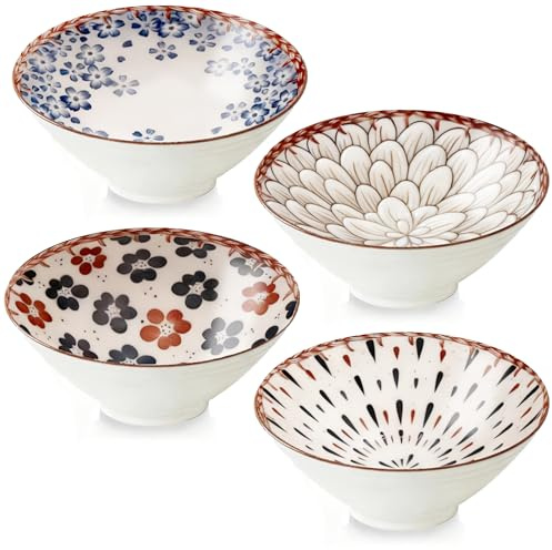 COIKZLY 8 Ceramic Ramen Bowl Set of 4,Japanese Style Floral-Themed | 38oz Large Capacity, Microwave & Dishwasher Safe, Ramen, Pho, Udon, Miso Soup Noodles, Elegant Wickerwork Pattern