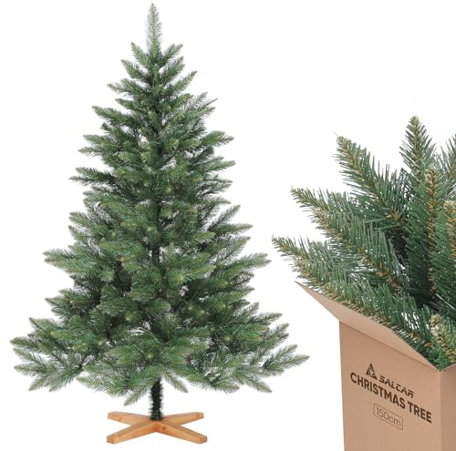 SALCAR 150cm Weihnachtsbaum Künstlich mit Holzständer, PVC Nadeln, Realistischer Christbaum, Hochwertige Dekoration für Innenräume, Einfacher Aufbau