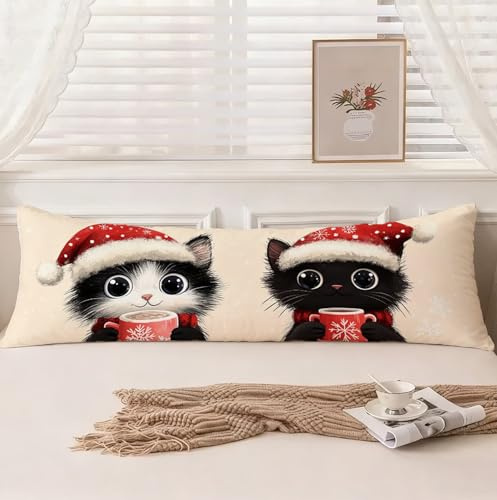 Housse Traversin 180 cm Chat Taie d'oreiller 60 x 180, Housse de Coussin Flocon de neige Taie de Traversin Super Doux Velour Protège Oreiller, Double Face Impression Oreiller pour Lit Canapé, Model210