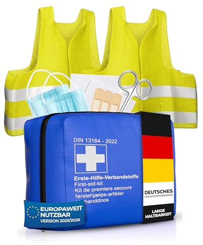 Thomatex® Auto Sicherheits-Set – KFZ Verbandstasche Blau (DIN 13164-2022) + 2x Warnwesten Gelb (DIN EN ISO 20471) – StVO-konform 2026/2027